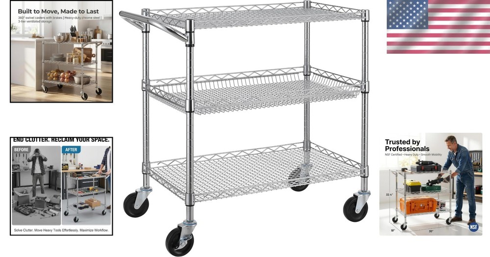 Durable Chrome Utility Cart - 500lb Capacity 3-Tier Rolling Storage Solution