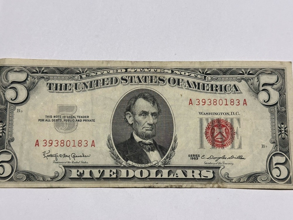 1963 $5 Dollar Red Seal Note AU CRISPY D109