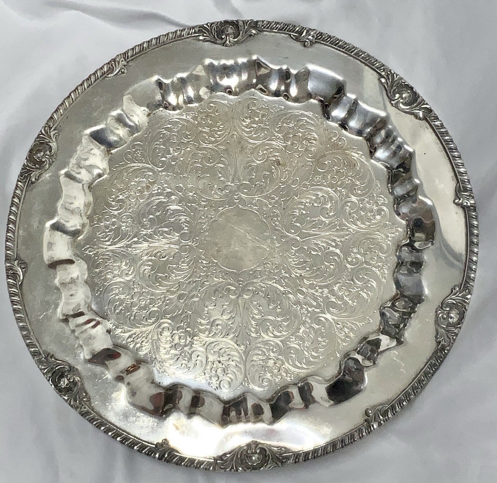 Vintage Coronet Silver on Copper 15-1/2" Round Ornate Footed Serving Tray