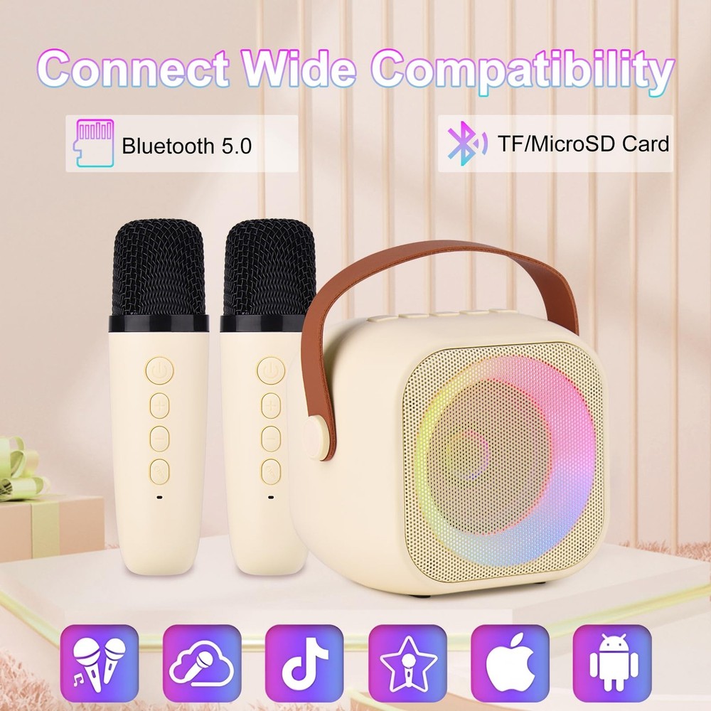 Beige Mini Portable Bluetooth Karaoke Speaker Machine with 2 Wireless Mics