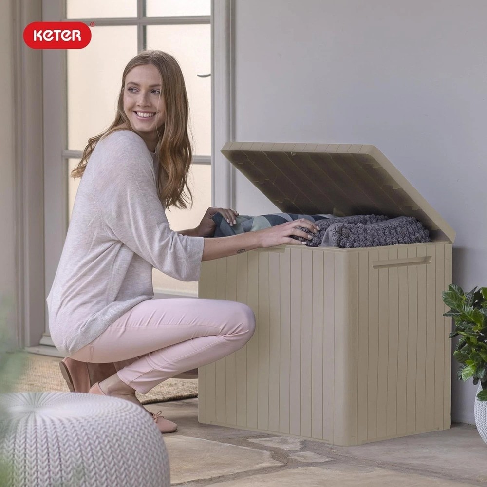 Compact Resin Outdoor Storage Box with Table Function – Lockable Beige Design
