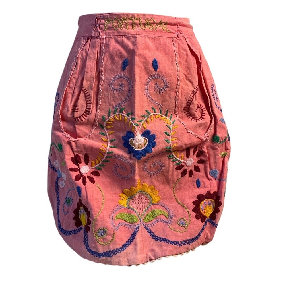 Hand Embroidered Vintage Pink Linen Apron Multicolr Pattern