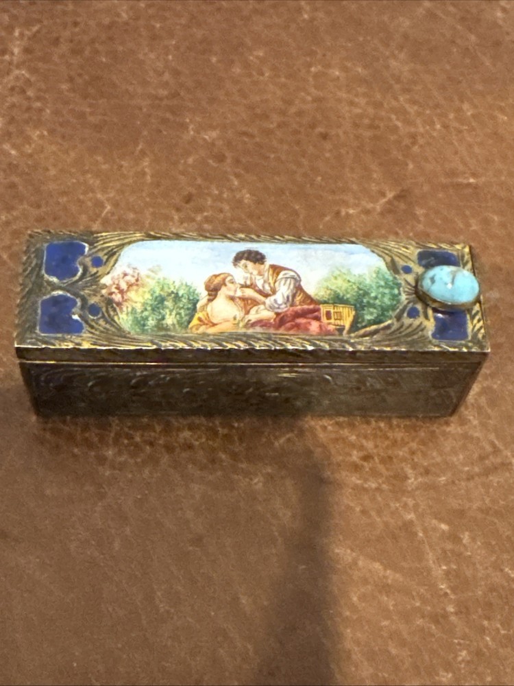 Old Solid Silver 800 Lipstick Case Unique Box Porcelain Polychrome Plaque 20th C