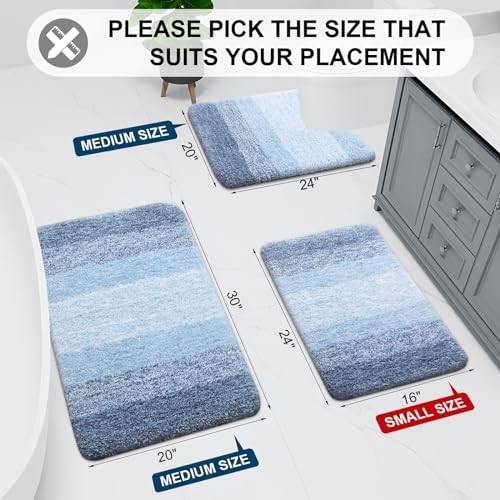 Microfiber Bathroom Rugs, Shaggy Soft and 24" x 16" Rectangular Light Blue