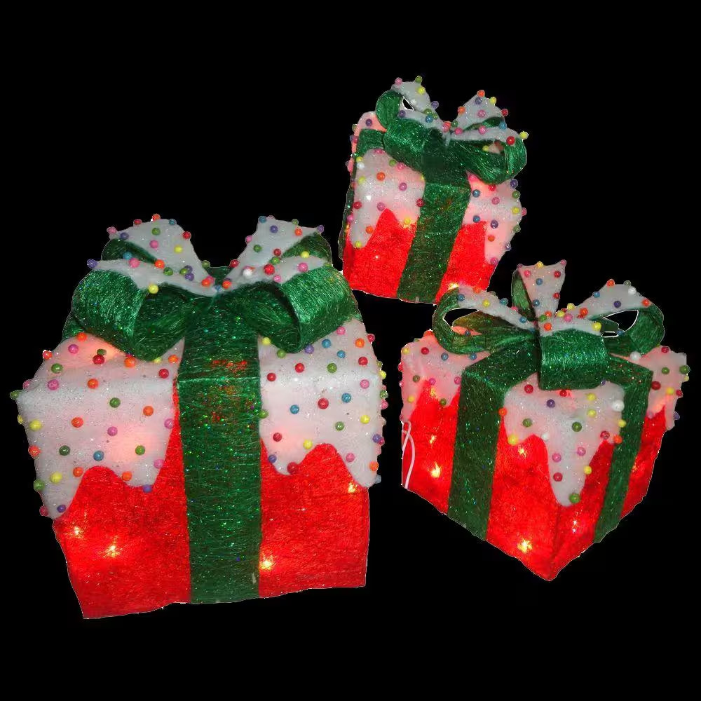 Pre-Lit Red Sisal Gift Box Assortment (3-Piece)