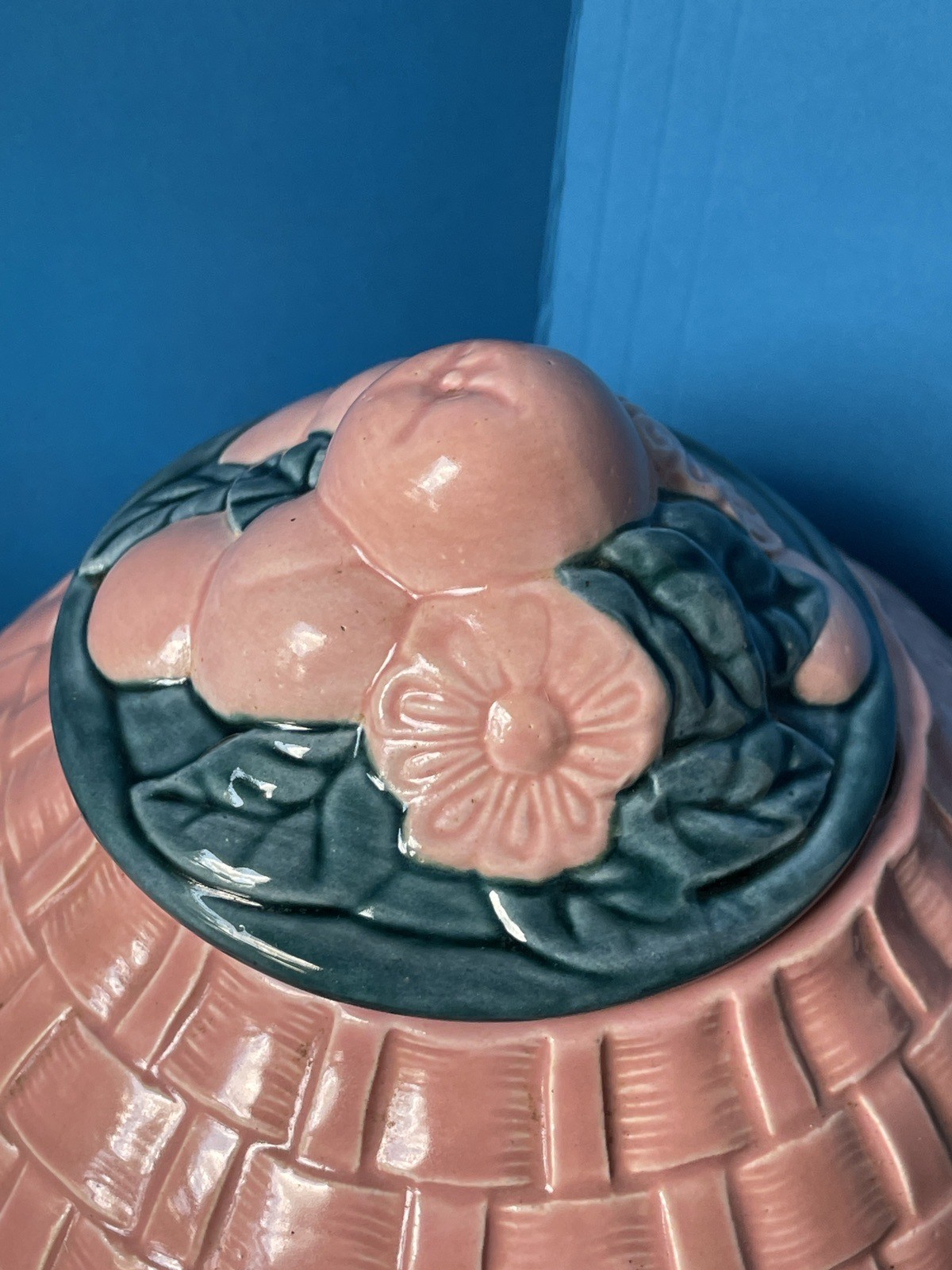 Ceramic Teapot Pink & Teal Basketweave Country Flare Cottagecore Signed Dated