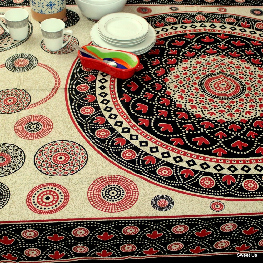 Cotton Geometric Tablecloth Rectangle Red Black Beige Kitchen Dining Linen
