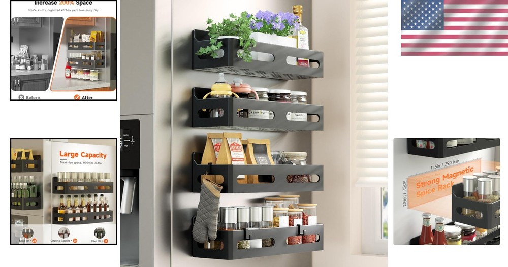 4 Pack Magnetic Spice Rack & Hooks - Ultimate Kitchen & Bathroom Organization