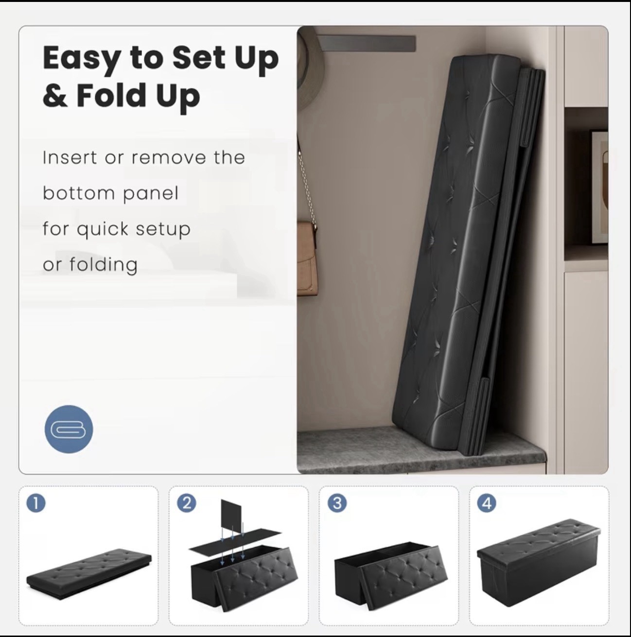 Sable 43 inch Folding Storage Ottoman, Black - ‎SA-HF007