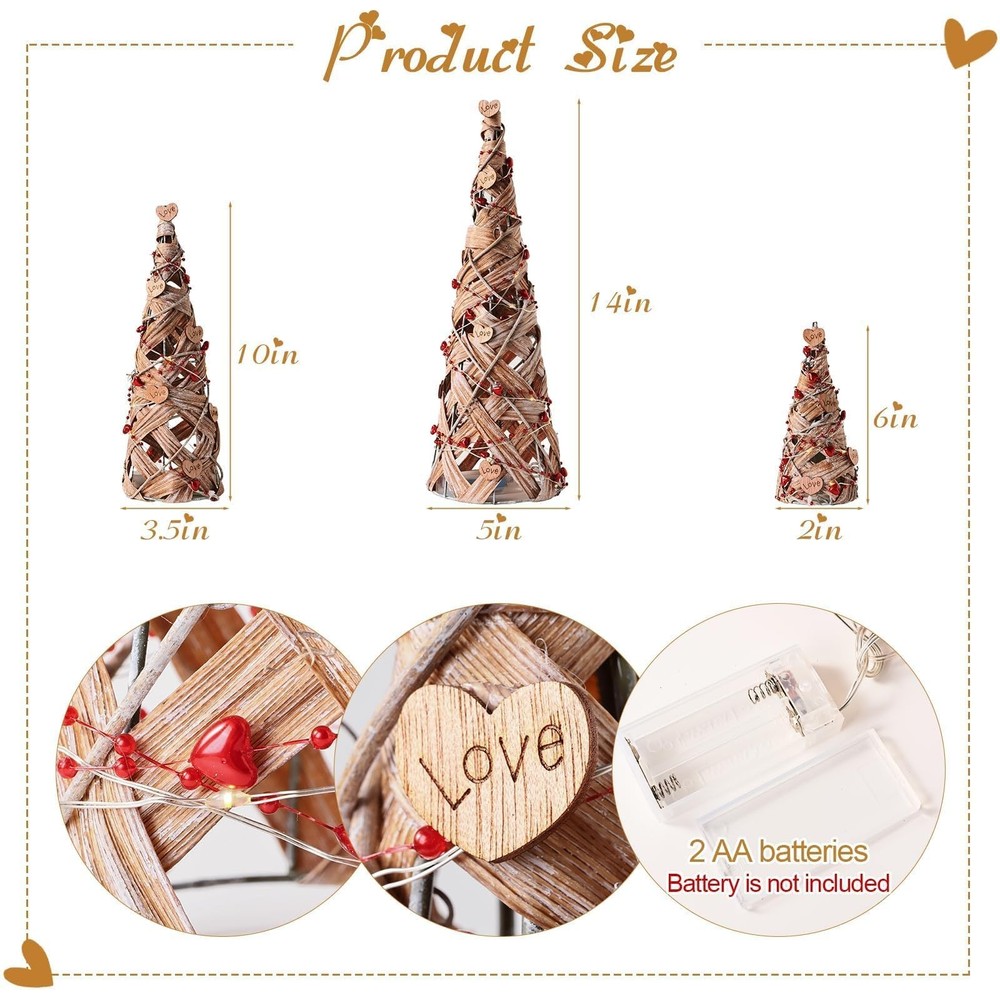 Treory Valentines Tree Table Decor, 3 Pcs Rustic Rattan Cone Natural