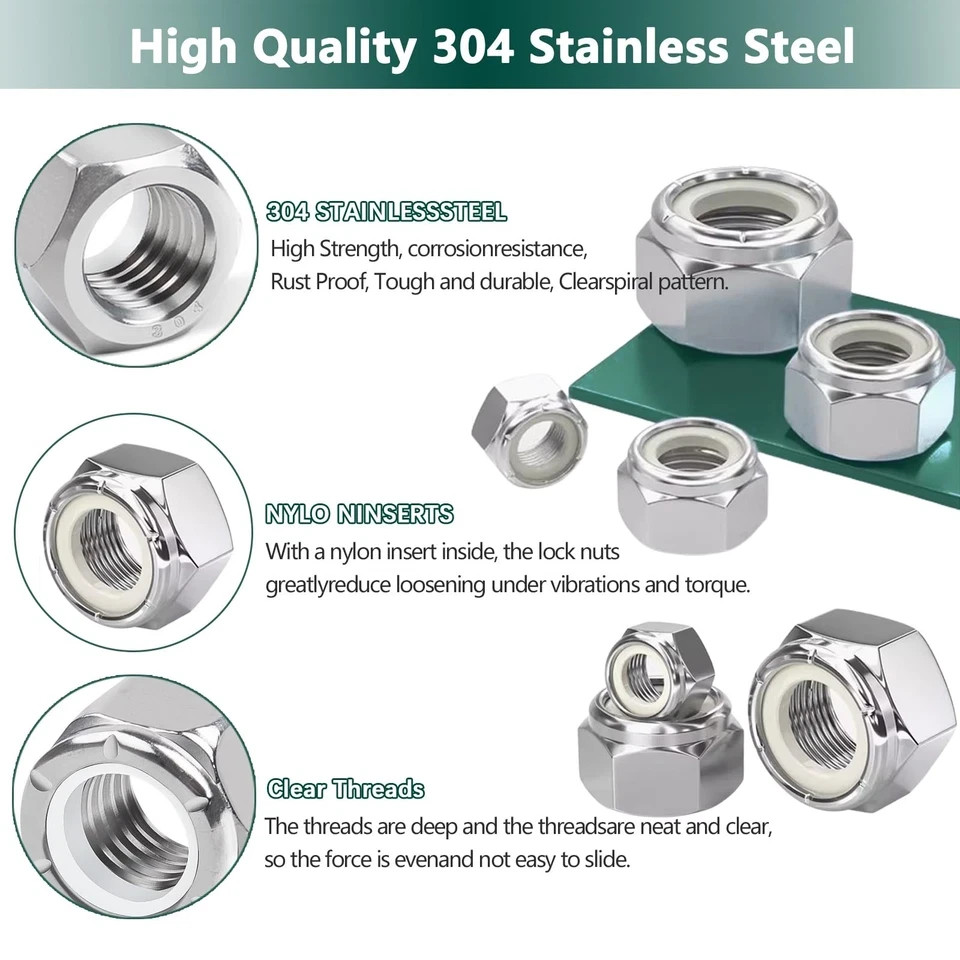 SAE Lock Nuts Assortment Kit, 220PCS Nylon Insert Nut Sets, 304 Stainless Ste...