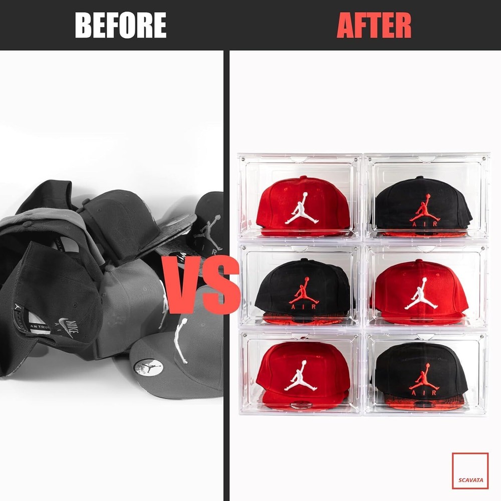6 Pack Hat Organizer Box Stackable Clear Baseball Caps Holder Box Container NEW