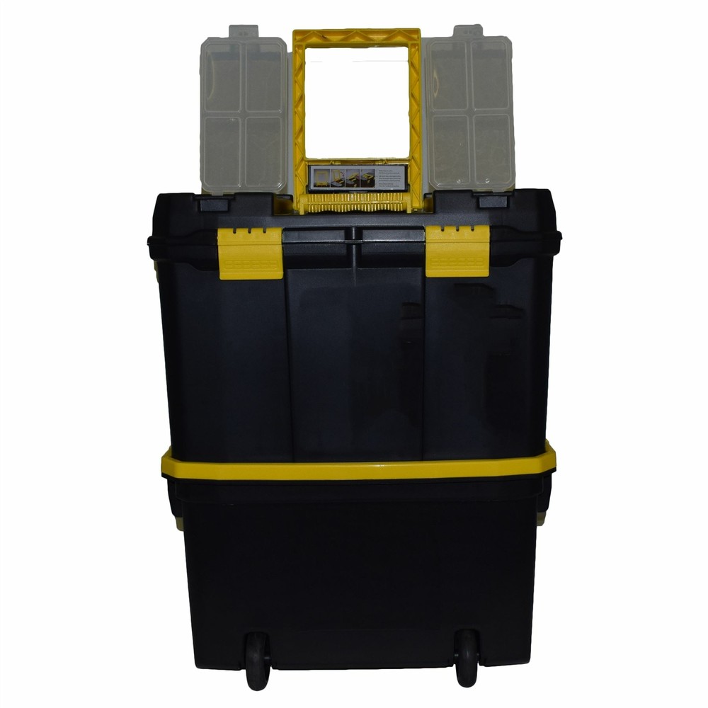 Plastic Double Tool Box Toolbox Storage Pull Along Handle Trolley 9 Compartment