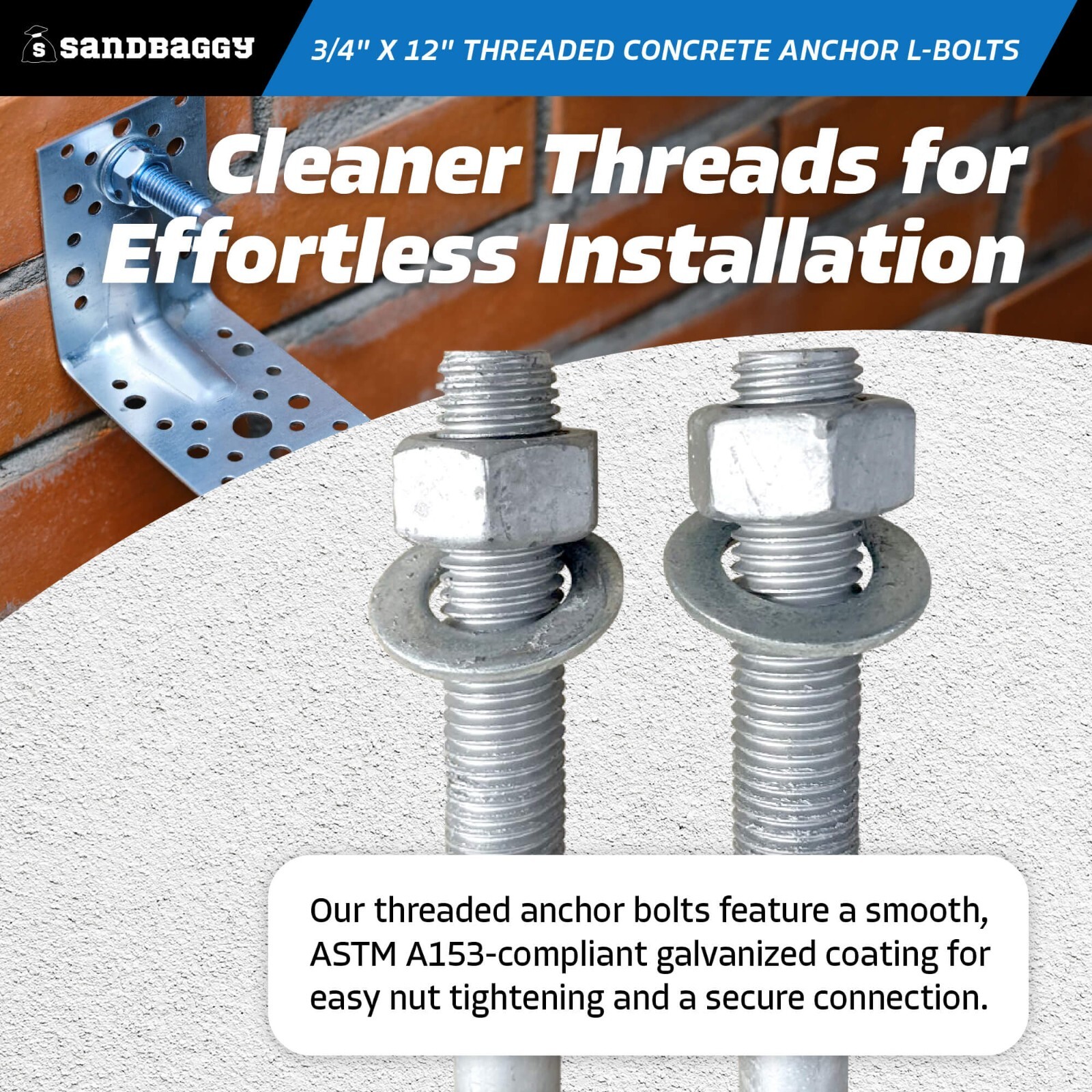 Sandbaggy 3/4" x 12" Threaded Concrete Anchor L-Bolts - Hot Dipped Galvanized