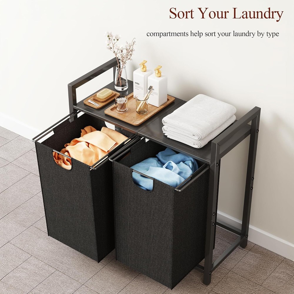 Laundry Basket Organizer Laundry Hamper with Shelf & 2 Pull-Out Removable Bags