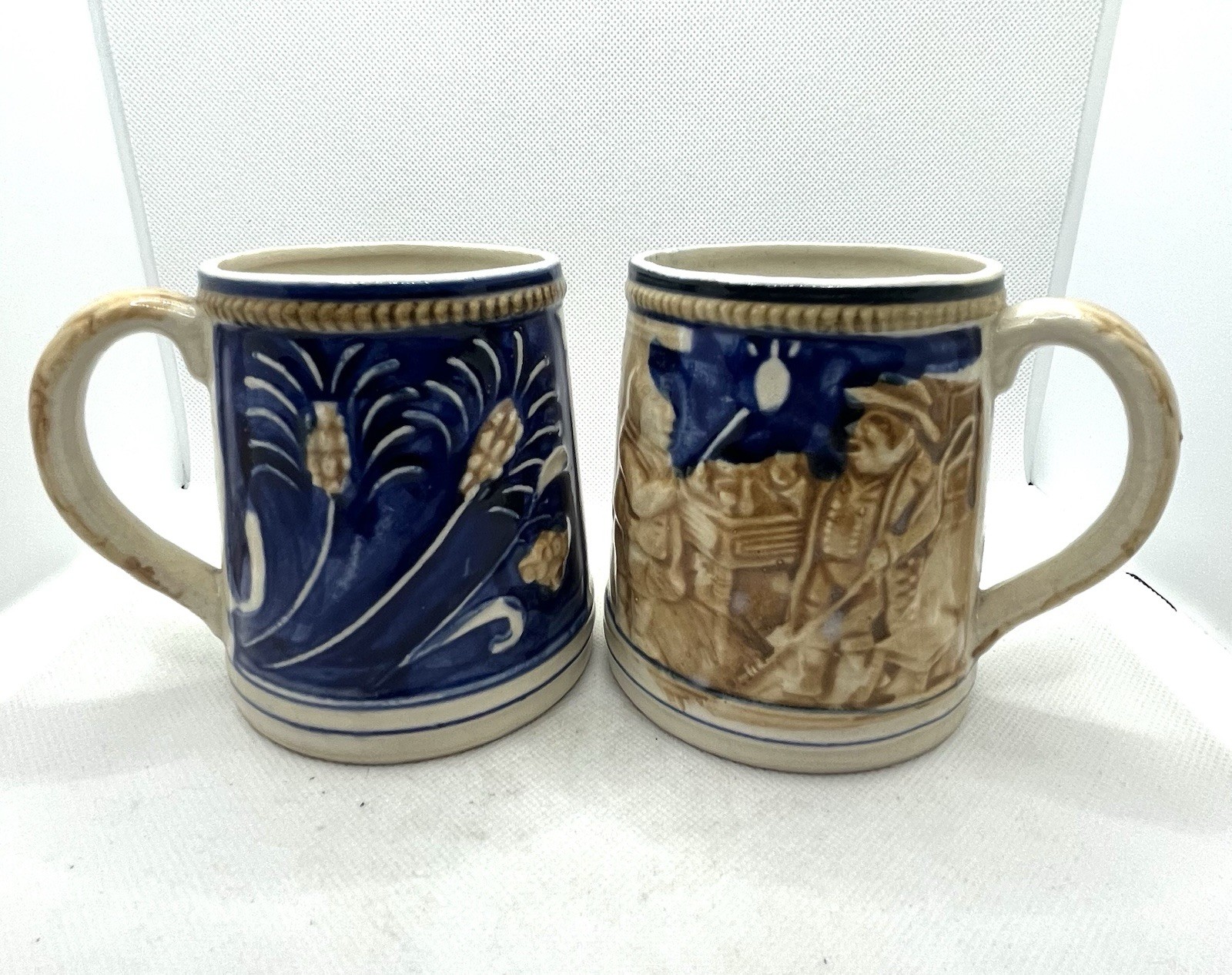 Vintage Ceramic Beer Mugs Cobalt Blue 2 Men In Tavern Scene & Wheat Japan 4”