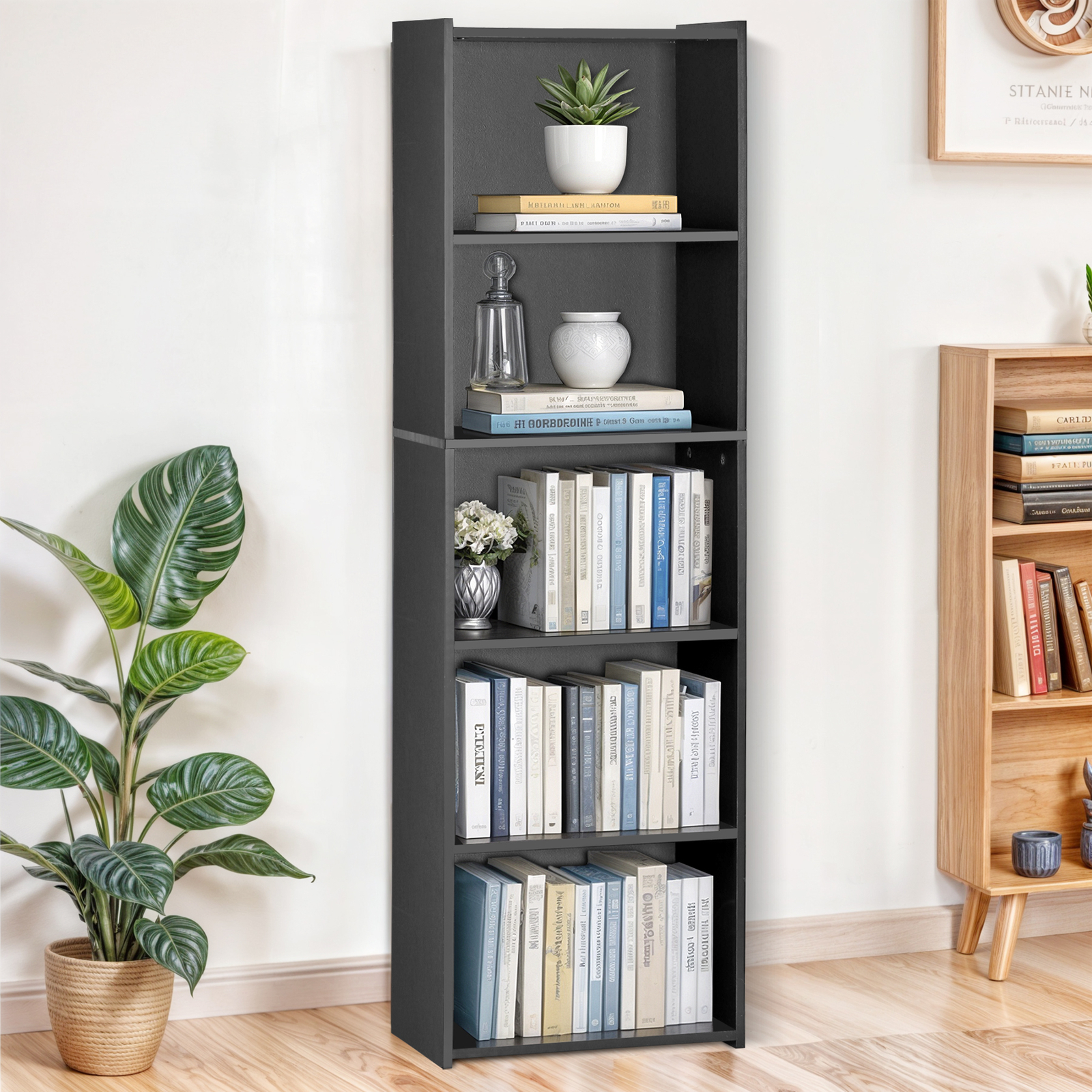 5-Tier Bookcase Freestanding Wood Open Bookshelf Storage Rack for Bedroom Black