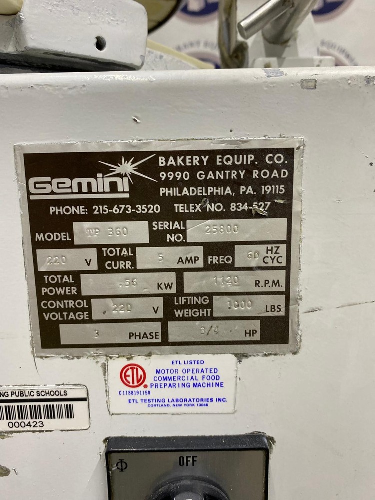 Gemini Model TP 360 Bun Divider/Rounder 220V 3 Ph 36 Pc US Made Gemini Model