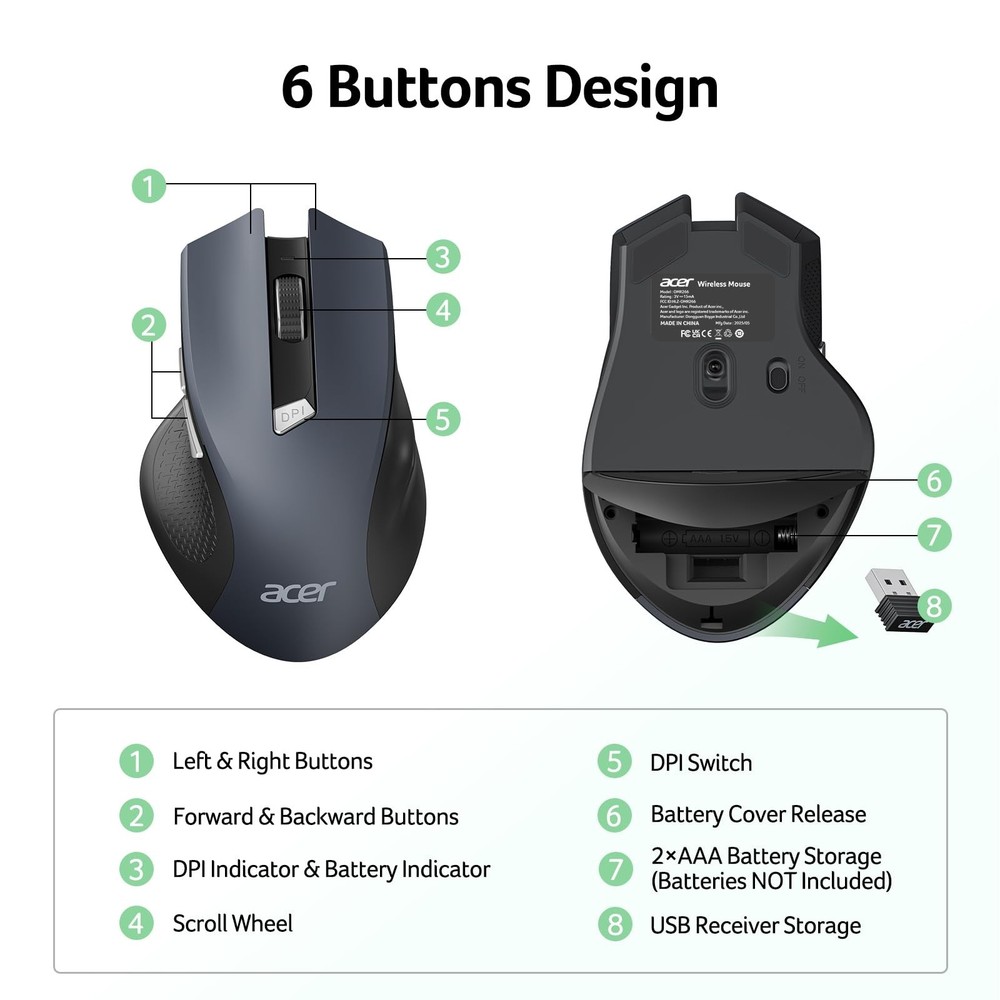 acer Wireless Mouse for Laptop, 2.4GHz Computer Mouse 3 Adjustable DPI Office...