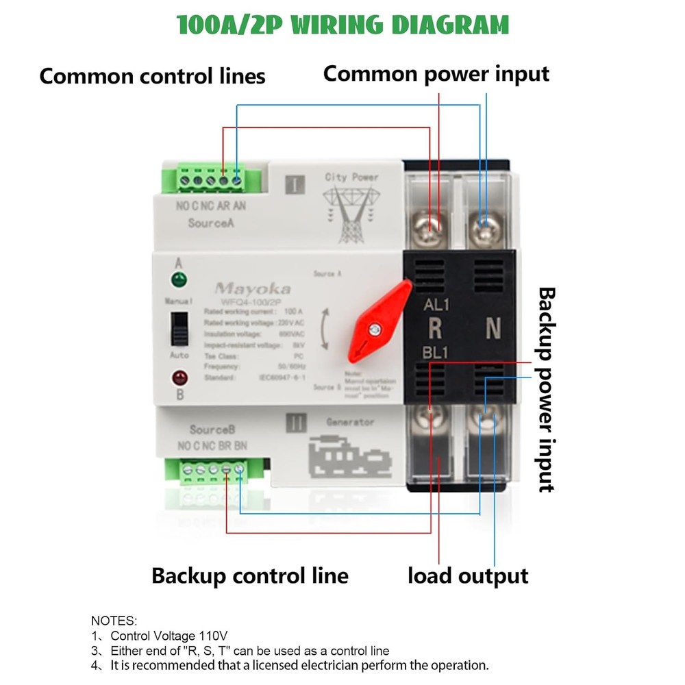 100A Automatic Transfer Switch for Home Generator - AC 220V 2 Pole ATS with CB,