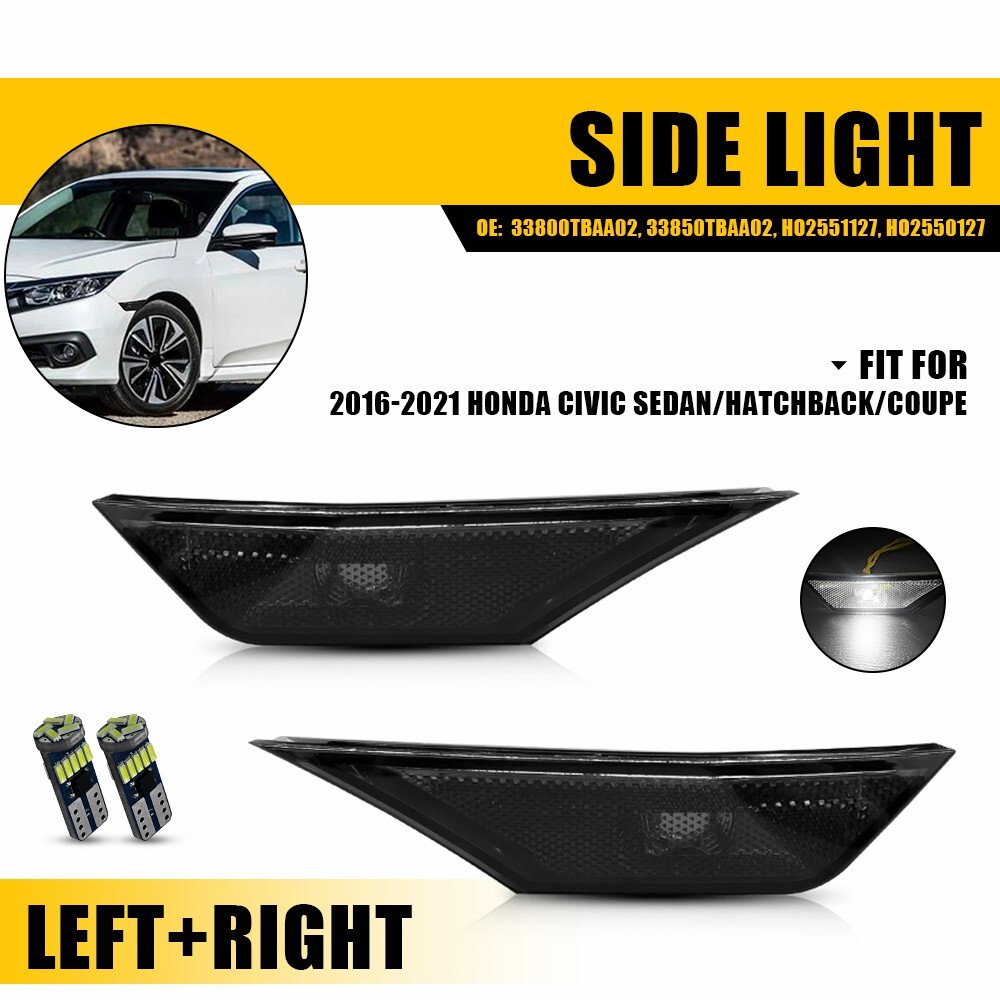 2PC For 2016-2021 Honda Civic Front LED Side Bumper Marker Smoked White LED EOA