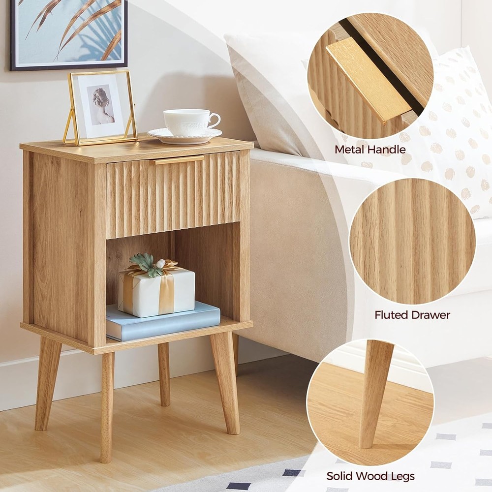 End Table, Fluted Night Stand, Modern Side Bedside Table with Natural