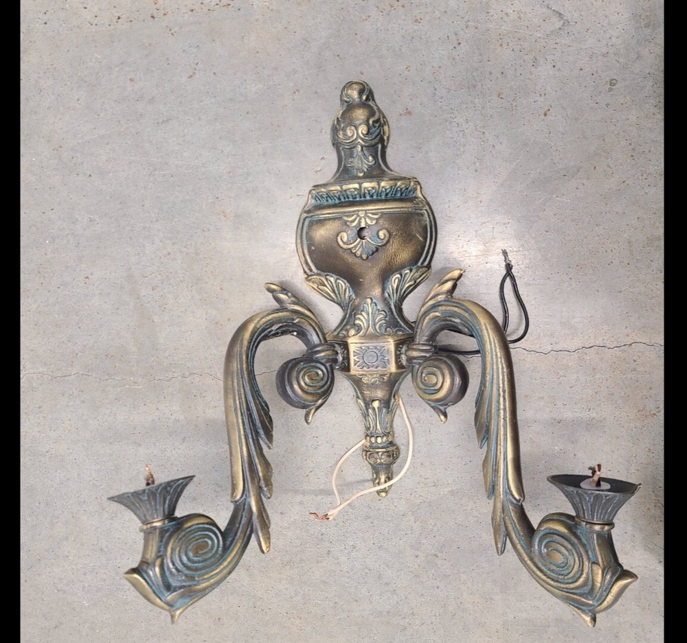 Ornate Antique solid brass double arm wall sconse