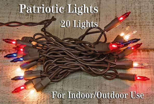 20 Count Light Set String - Patriotic - Red White Blue Mini Bulbs - Brown Cord
