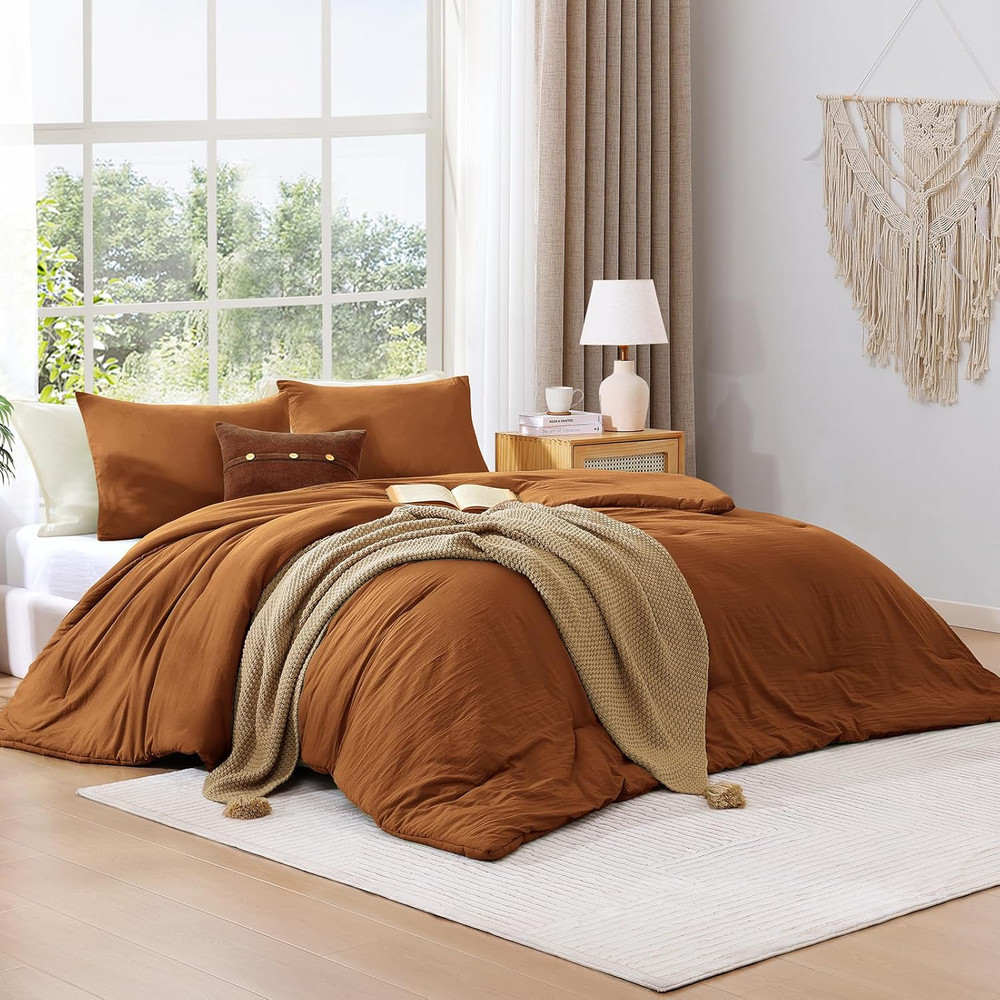 King Size Comforter Set - 3 Pieces Prewashed Burnt Orange Soft Lightweight Beddi