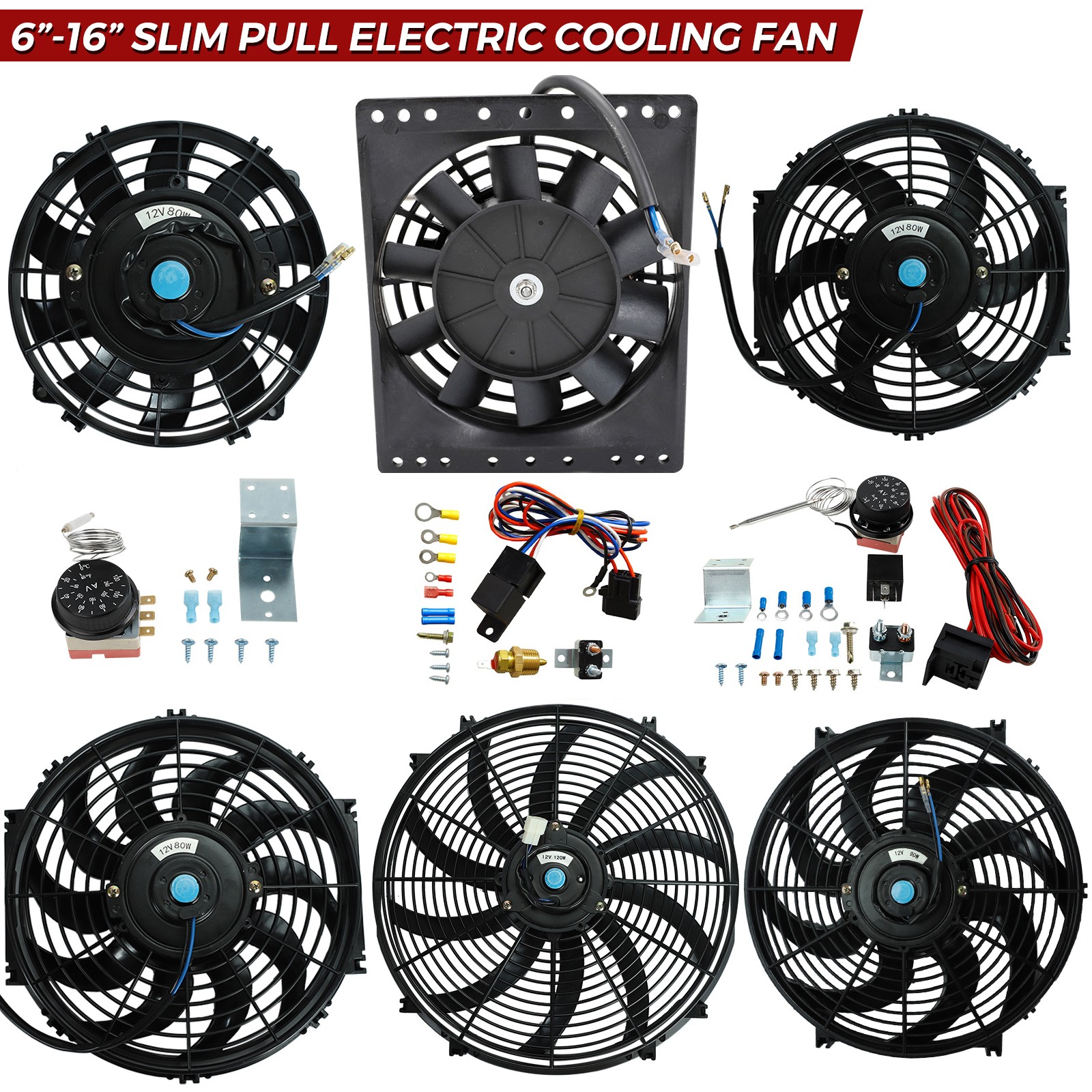 Universal 6" 7" 10" 12" 14" 16" Slim Fan Pull-in Electric Radiator Cooling Fan