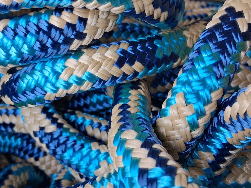 9/16 " x 100 ft. Double Braid-Yacht Braid Polyester Rope . Denim/Light Blue/Tan.