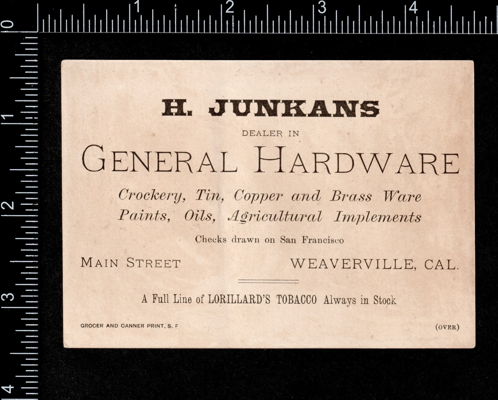 Weaverville California 49er Miner Lorillard Cut Plug Smoking Tobacco Trade Card