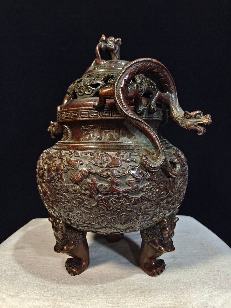 24cm Collect copper bronze dragon ear bat clouding pattern Incense burner pot