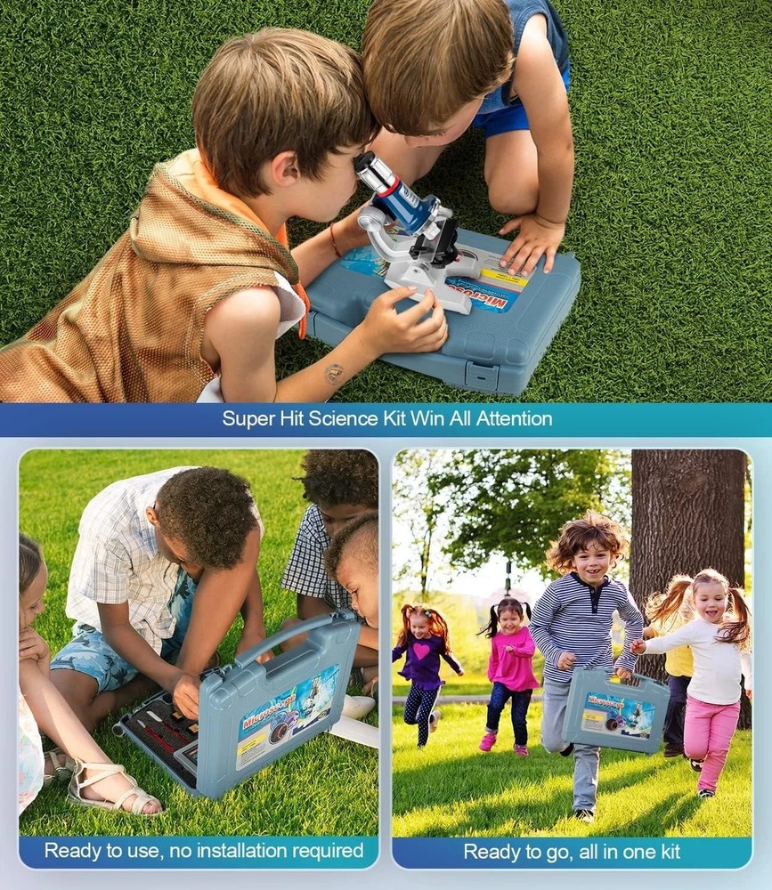 Explore One Kids Microscope 100x-1200x Set w/ Case Slides STEM Science Kit Blue