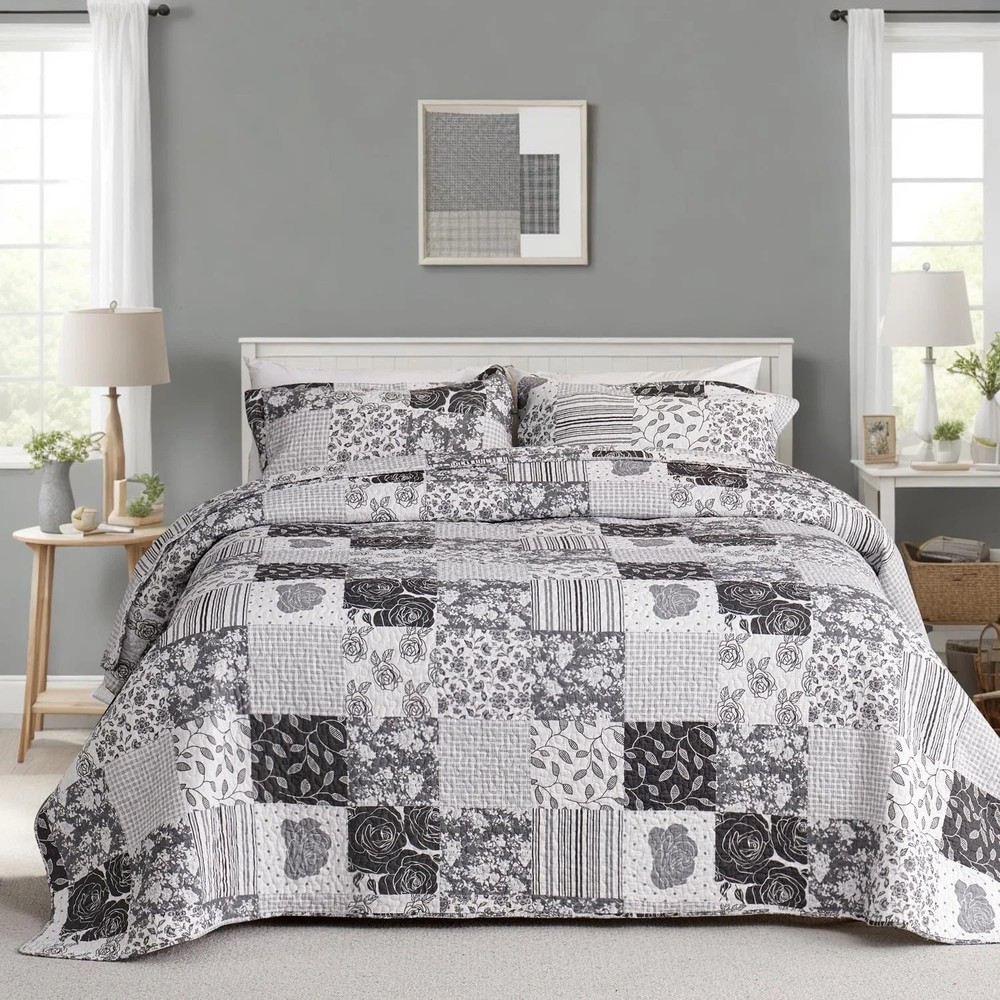 King Quilt Bedding Set Patchwork 100% Cotton Bedspread Coverlet Lightweight Gray