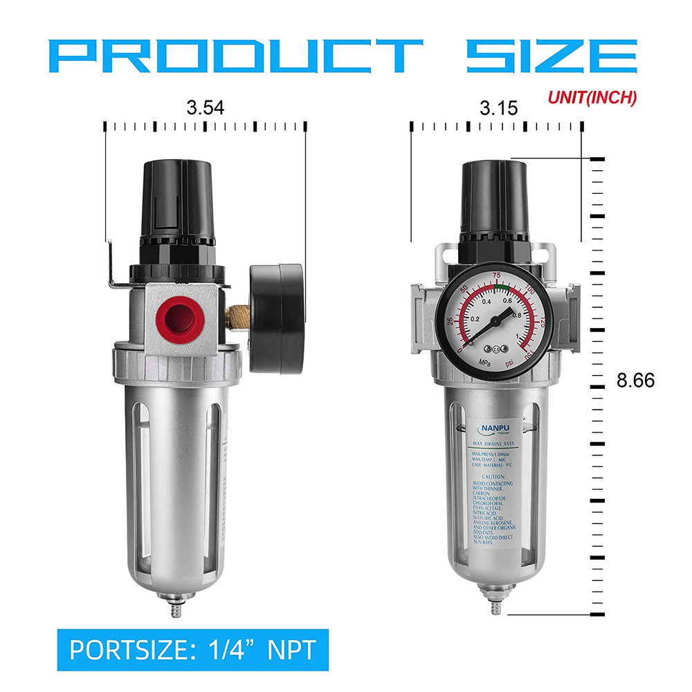1/4" NPT Compressed Air Filter Regulator Combo, Air Filter Pressure