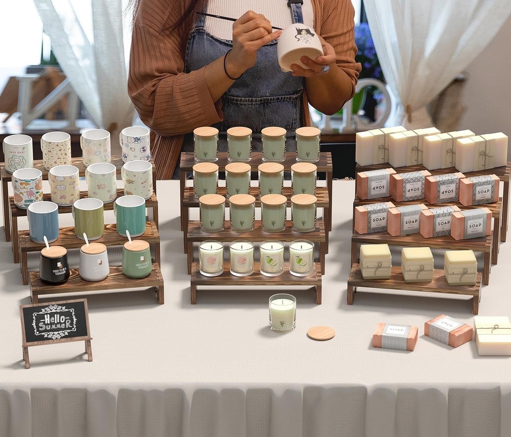 2 Set Large Wooden Tiered Riser Display Stands for Vendor Events,Stackable