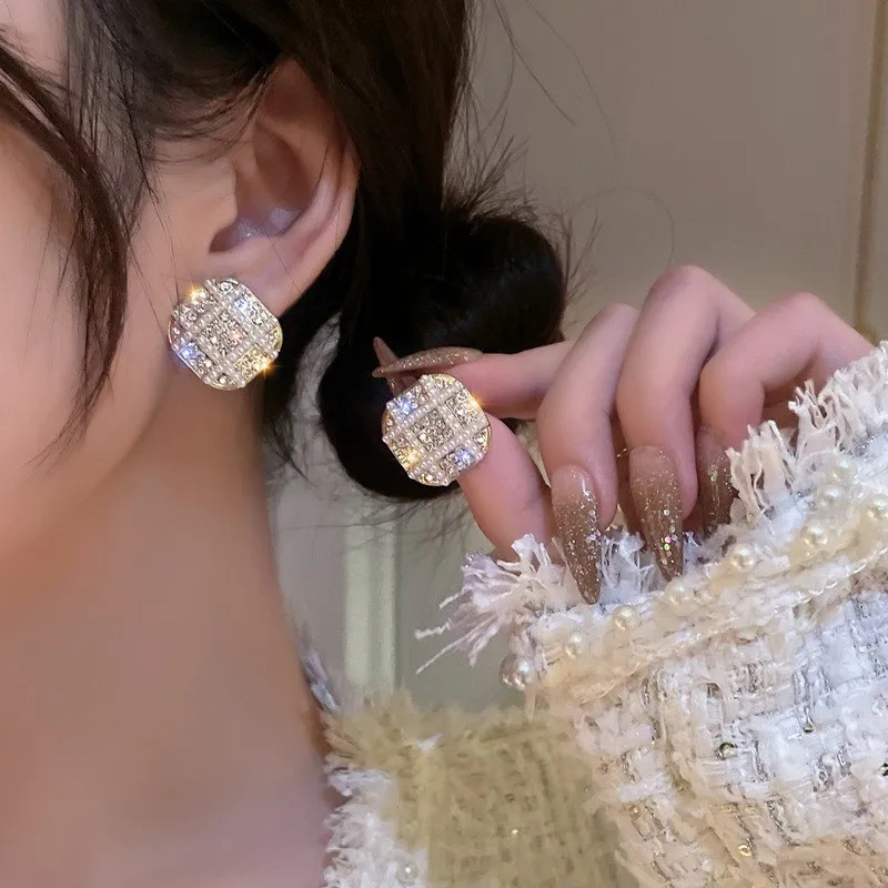 Pearl Square Stud Earrings Gold Plated For Party
