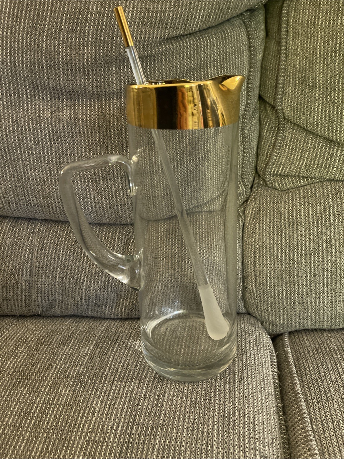 Golden by Avitra Glass Cocktail Pitcher Stir Stick Gold Rim Barware Vintage