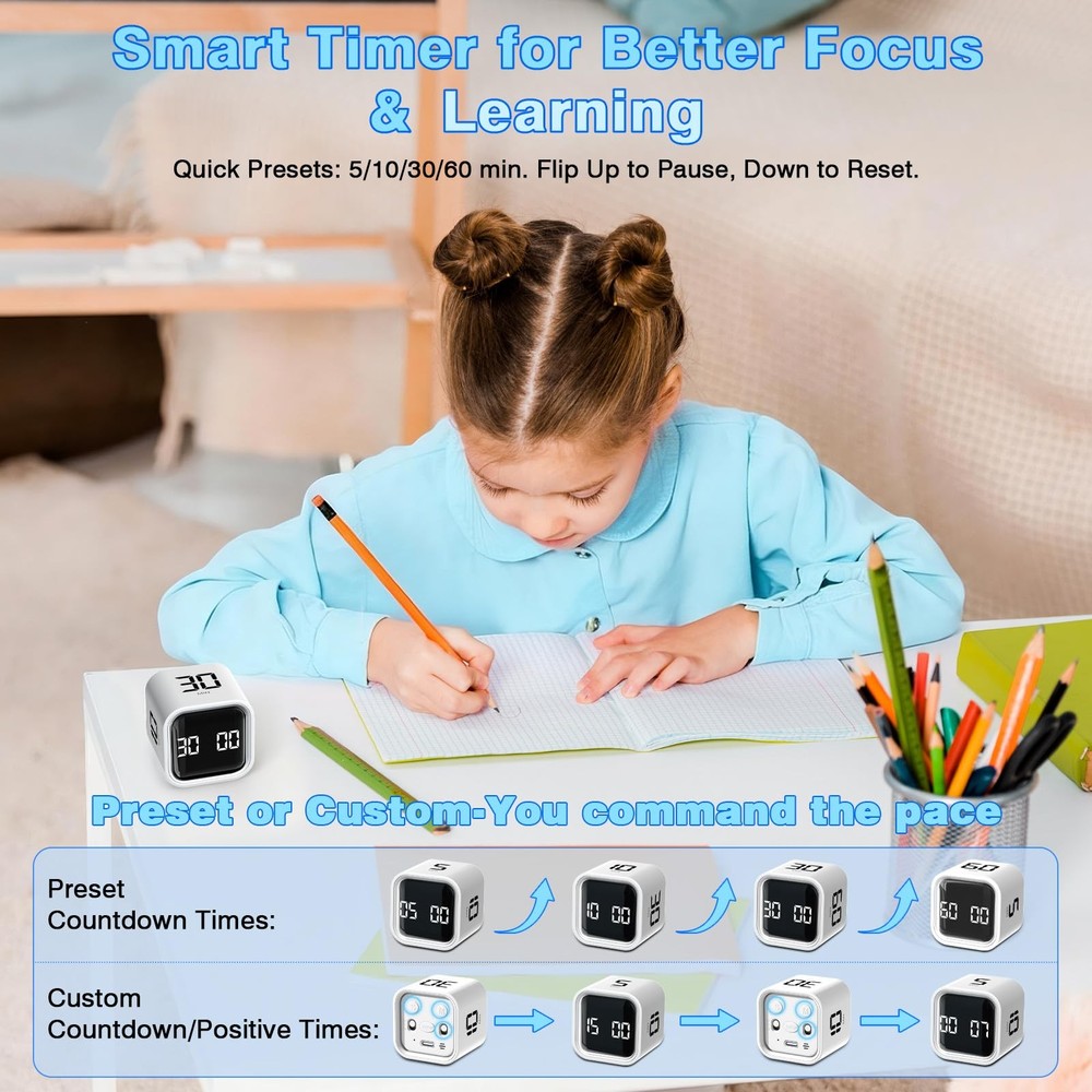 Cube Pomodoro Timer, Smart Productivity Timer 5/10/30/60 Minutes & Custom Cou...