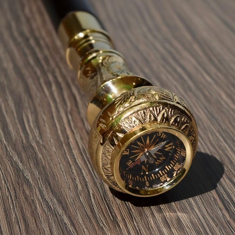 Personalized Handmade Brass Compass Handle Cane Sword: Hardwood Walking Stick,