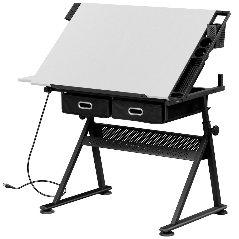 Adjustable Drafting Table & Stool Set Artist Desk with Charging Station White