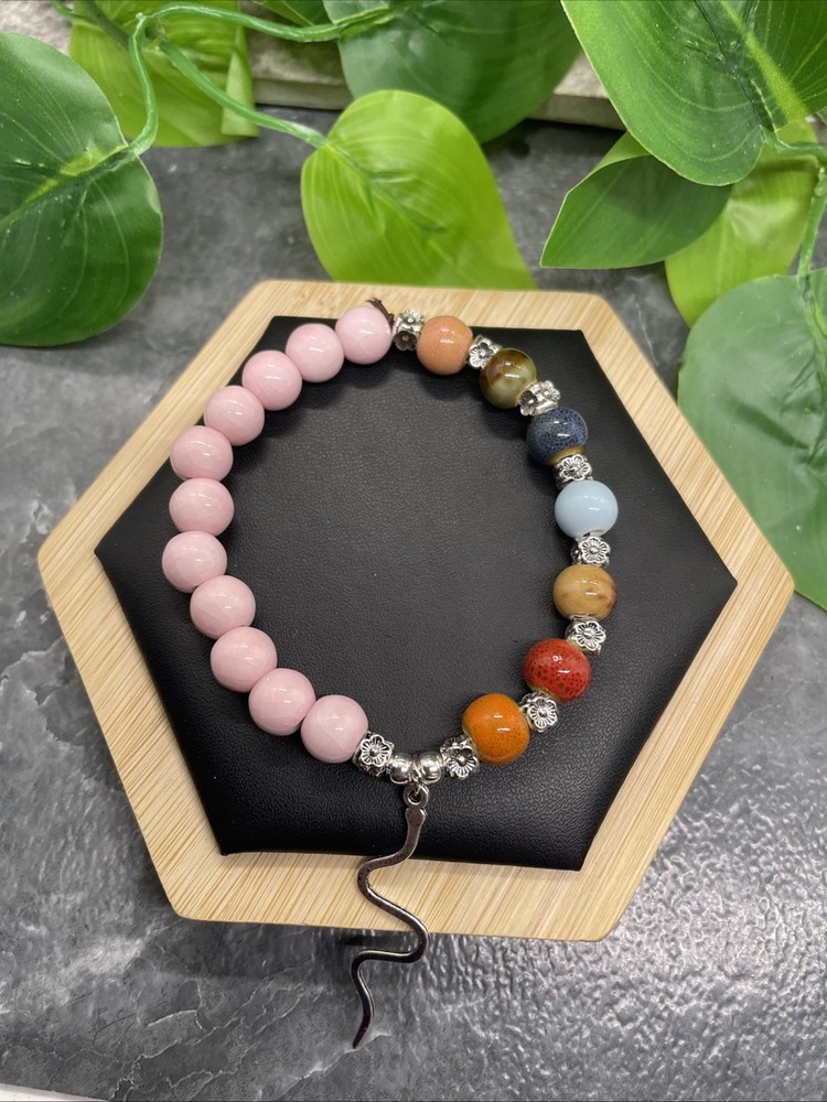 Handmade Ceramic Bead Beaded Stackable 6.5” Plus Stretch Bracelet New B218