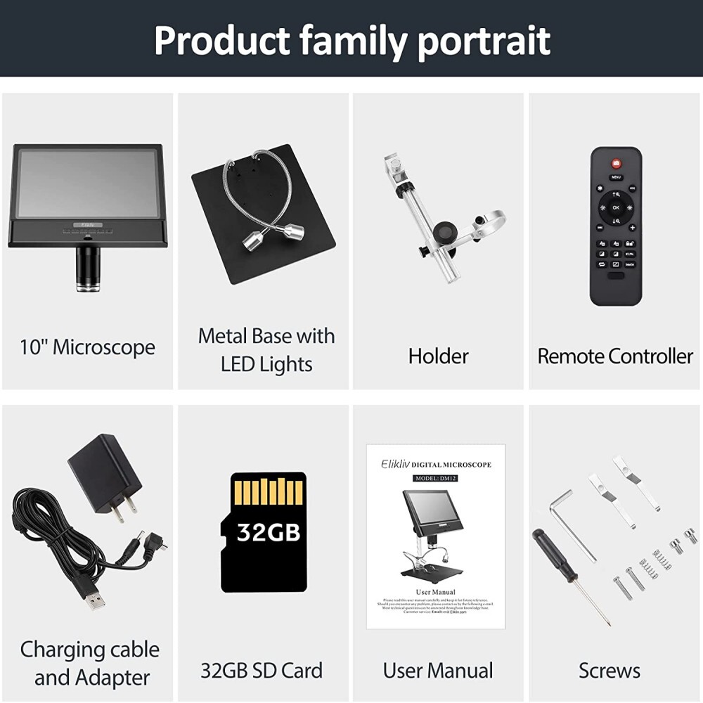 Elikliv 10'' Digital Microscope 1300X Jewelry Loupe Coin Magnifier w/ LED Light