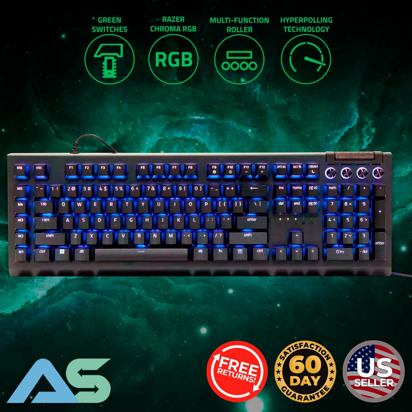 Razer BlackWidow V4 Wired Mechanical Gaming Keyboard Tactile Clicky Green Switch