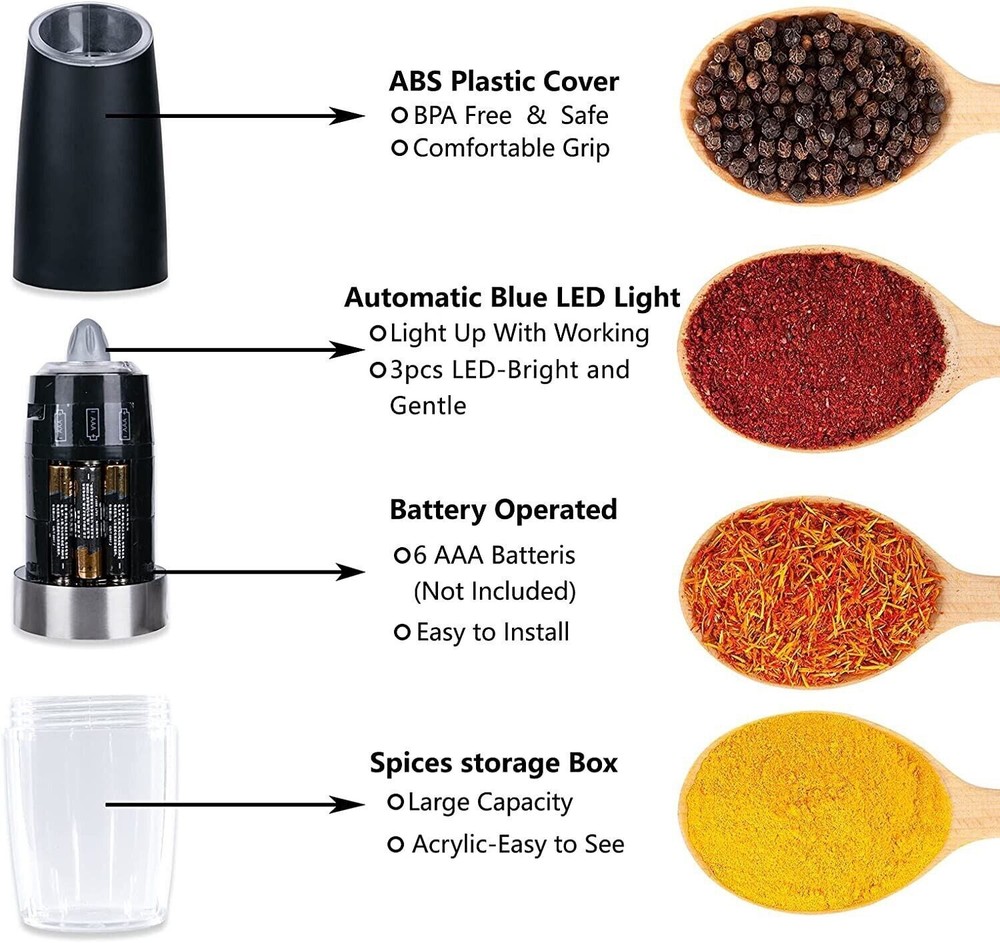 2Pcs Electric Salt and Pepper Grinder Set, Gravity Sensor, Automatic Pepper Mill