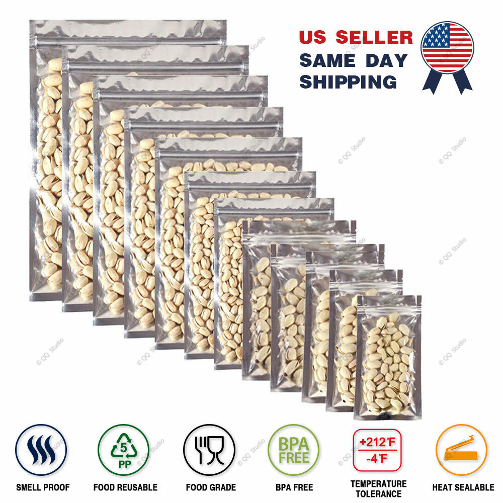 Zip Seal Top Lock Foil Mylar Glossy Clear/Silver Resealable Food Storage Bags