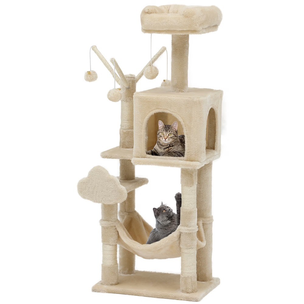 44" Cat Tree Tower, with Scratch Posts, Condo, Hammock, Toys, Beige