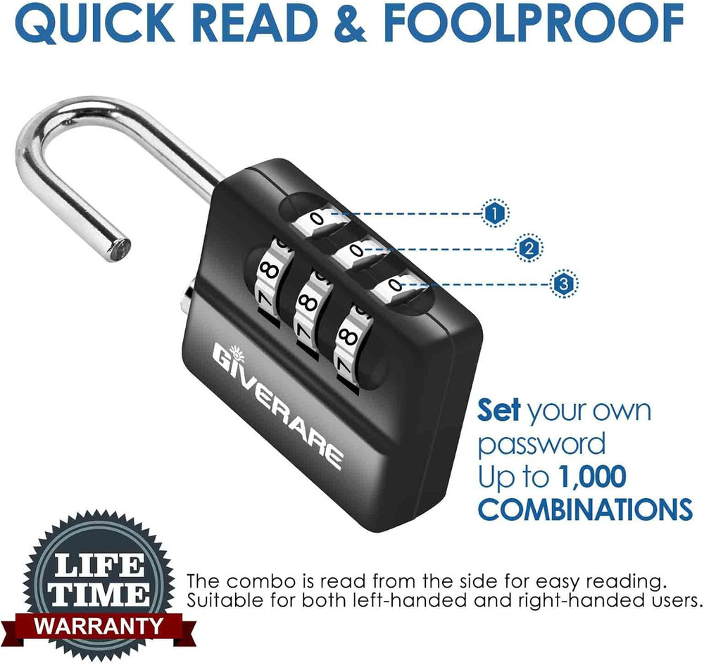 4 Pack Combination Lock, 3-Digit Padlock Keyless, Resettable Luggage Locks for B