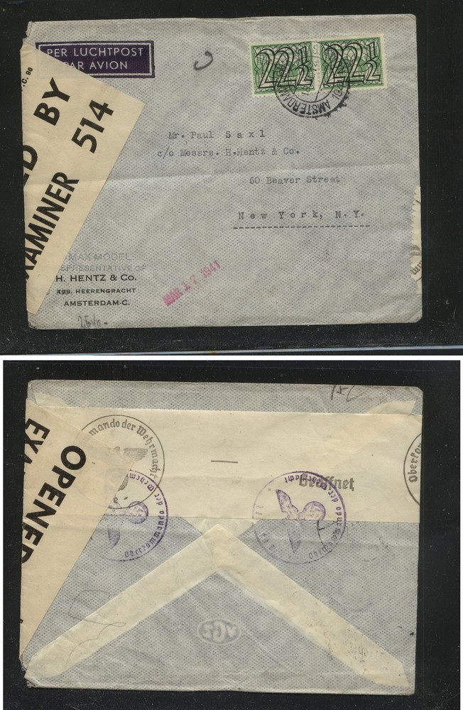 Netherlands   double censor cover to  US  1941           JS0121